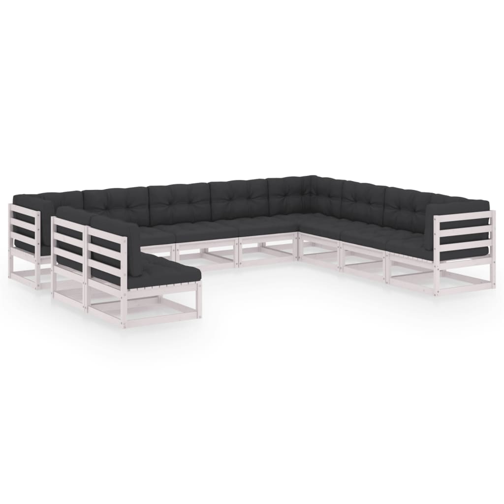 10-tlg. Garten-Lounge-Set mit Kissen Weiss Kiefer Massivholz